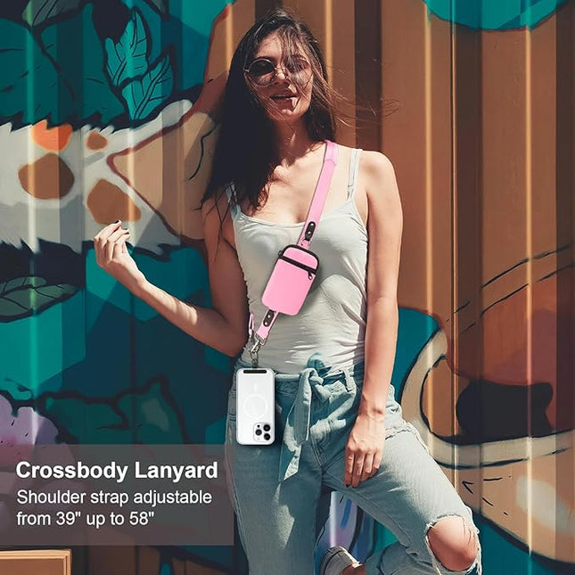 Clip and Go Strap for Phone With Wallet Crossbody (Detachable RFID Blocking Wallet) - Adjustable Phone Lanyard Crossbody with 360° Rotatable Tether Tabs for All Phones (Pink)