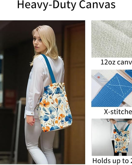 Tote Bag for Women, Reusable Zippered Canvas Bag with Handles Pocket Thick Canvas, for Grocery Shopping Beach Gift