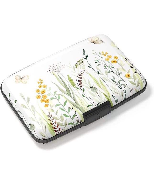 Atufsuat Credit Card Holder, Mini Aluminum Card Wallet RFID Blocking Slim Metal Hard Card Case for Women Men, Butterfly Flowers