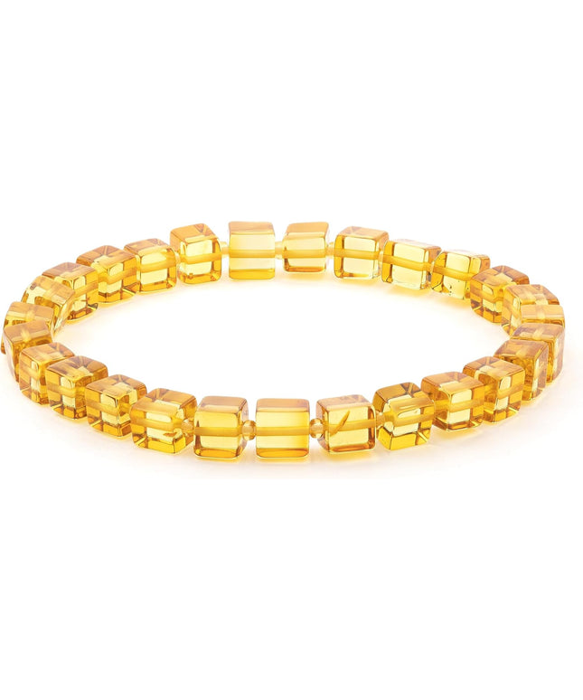 Natural Baltic Amber Bracelet for Women and Men – Stretch Wristband with Polished Cube Beads, Lightweight Unisex Jewelry Gift for Daily and Casual Wear