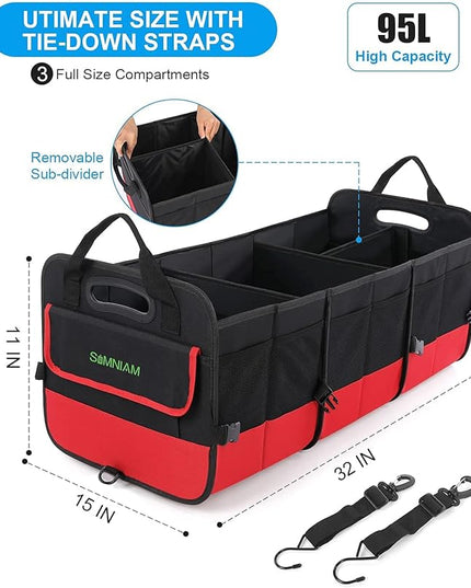 Simniam Large Trunk Organizer for Car, Foldable Multi Compartment Car Trunk Organizer with 2 Retractable Straps, Suitable for All Kinds of Cars, SUV, Minivan - 4 Compartments Red