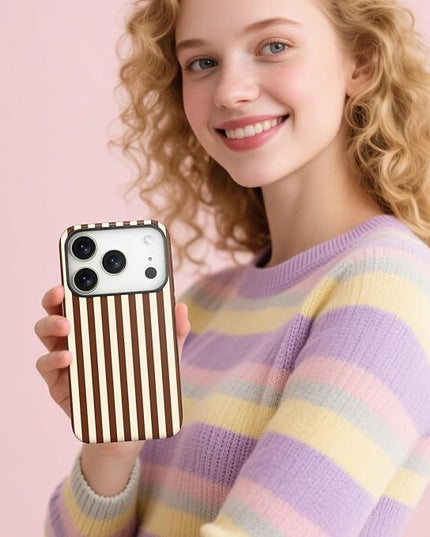 Magnetic for iPhone 17 Pro Max Case Cute Stripes Phone Case, Shockproof Slim TPU and Hard PC Protective Phone Cover Compatible with MagSafe Designed for Women Girls, Brown