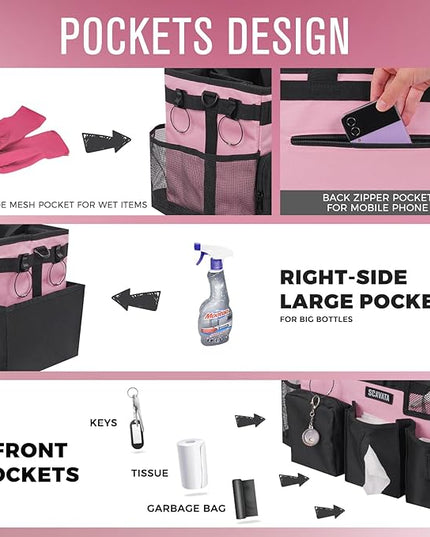 Wearable Cleaning Caddy Bag, Cleaning Caddy Supplies Organizer with Handle & Shoulder Straps for Housekeepers, Under Sink & Car Cleaning Tool Organizers with 4 Foldable Divider (SweetPink)
