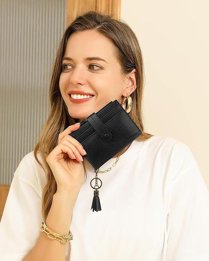 Blucoay Leather Wallet Women,RFID Blocking Small Wallet for Women Compact Card Holder Bifold Tassel Wallet Coin Purse With ID Window lzblack