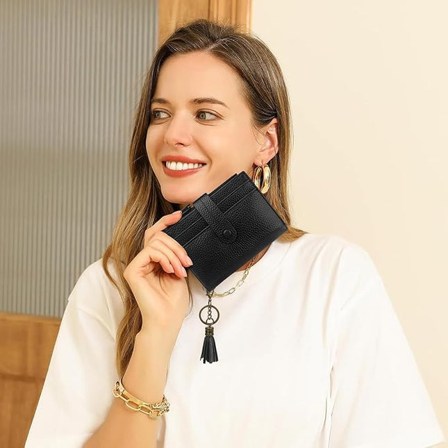 Blucoay Leather Wallet Women,RFID Blocking Small Wallet for Women Compact Card Holder Bifold Tassel Wallet Coin Purse With ID Window lzblack