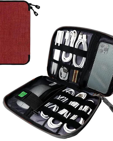 Electronics Travel Organizer,Portable Waterproof Electronic Travel Storage Bag for Small Charging Cord Storage,Charger,SD Card etc,for Travel,Business-Wine Red Black