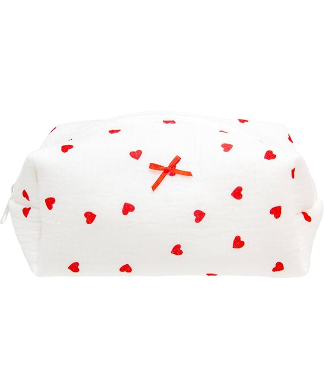 PAZIMIIK Cozy Makeup Bag Small Aesthetic Travel Zipper Cosmetic Pouch for Women Make Up Beauty Accessories Brushes,Heart Red
