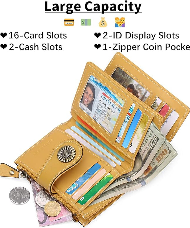 SENDEFN Small Womens Wallet Leather Bifold Card Holder RFID Blocking with Zipper Coin Pocket