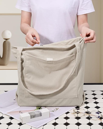 Iioscre Corduroy Tote Bag for Women,Hobo HandBags with Zipper,Large Capacity Casual Shoulder Handbags with Inner Pockets