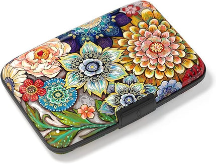 Atufsuat Credit Card Holder, Mini Aluminum Card Wallet RFID Blocking Slim Metal Hard Card Case for Women Men, Mandala Flower