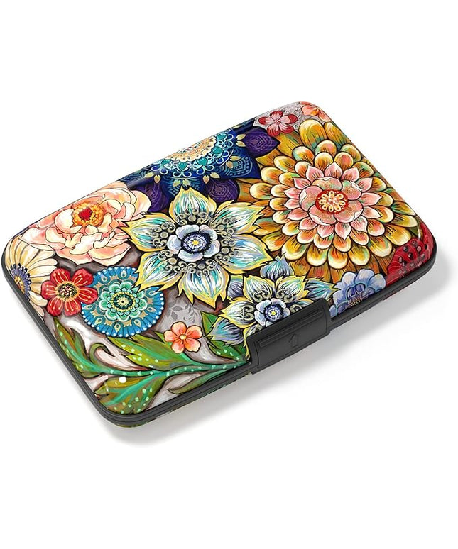 Atufsuat Credit Card Holder, Mini Aluminum Card Wallet RFID Blocking Slim Metal Hard Card Case for Women Men, Mandala Flower