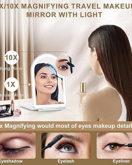 Mocado Travel Makeup Mirror with Light, 1x/10x Magnifying Mirror with Light, 3 Colors Lighted Magnifying Mirror, 2000mAh Rechargeable Lighted Makeup Mirror, Memory Function (Arched-White)