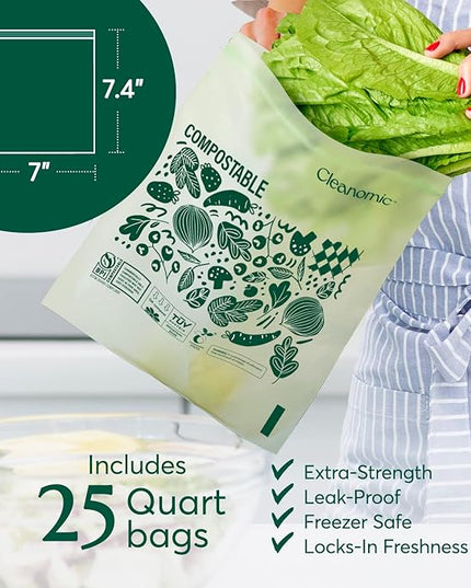 Cleanomic Compostable* Quart Size Food Storage Bags (25 Eco Zip) Freezer and Leak Proof, Also Available Gallon, Snack and Sandwich Size Bags