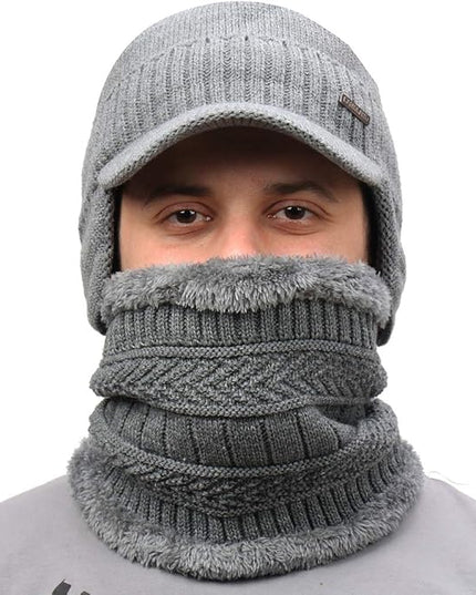 Winter Beanie w/Visor & Earflaps for Men Outdoor Fleece Hat Scarf Set