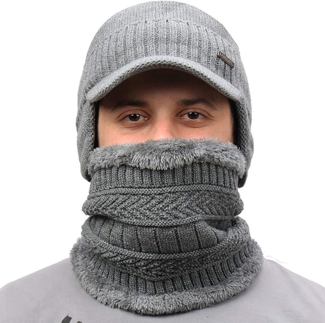 Winter Beanie w/Visor & Earflaps for Men Outdoor Fleece Hat Scarf Set