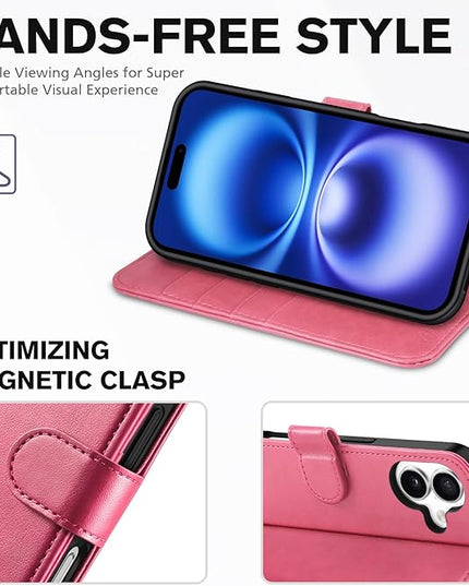 TUCCH Wallet Case for iPhone 16, Kickstand PU Leather Magnetic Protective Flip Cover with [RFID Blocking] [4 Card Slots] [TPU Interior Case] Compatible with iPhone 16 5G 2024, Hot Pink