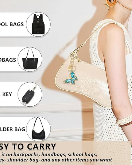 XGALBLA Cute Bling Crystals Rhinestone Butterfly KeyChain with Heart Pendant, Lovely Bag Charms for Handbags Purse Accessory