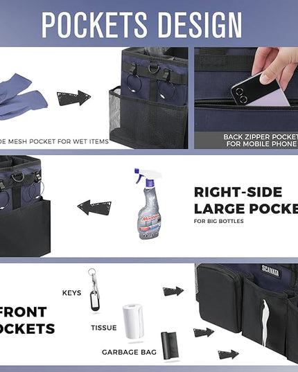 Wearable Cleaning Caddy Bag, Cleaning Caddy Supplies Organizer with Handle & Shoulder Straps for Housekeepers, Under Sink & Car Cleaning Tool Organizers with 4 Foldable Divider Navy (DarkBlue)