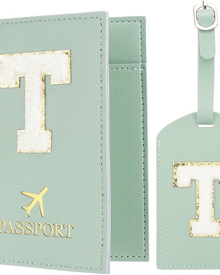 PATIKIL Passport Holder for Travel, Initial Passport Cover and Luggage Tag Set with Alphabet Chenille Letter Patch Travel Wallet Bag Suitcase Identifier for Women Family Travel Green T