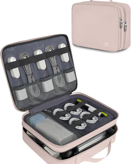 MATEIN Electronic Organizer Travel Case for Women, Double Layers Electronic Accessories Case with Handle, Portable Cord Organizer Travel for Cord, Charger, Phone, Earphone, Tablet, Pink Gift