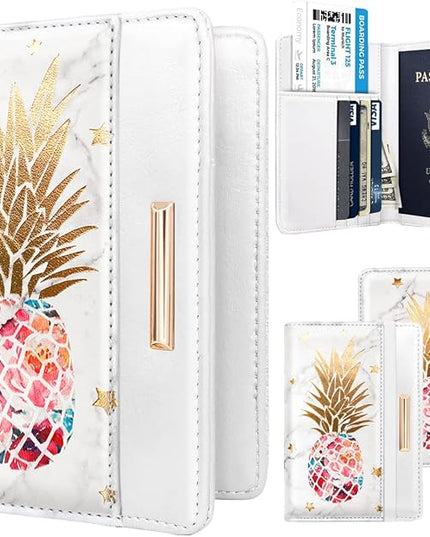 Passport Holder Cover Travel RFID Blocking Passport Cover Rose Gold Cute Flowers Passport Wallet with Elastic Band for Women