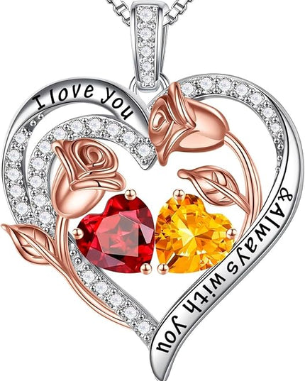 Iefil Christmas Gifts for Women Wife - 925 Sterling Silver Rose Heart Birthstone Necklace Birthday Anniversary Jewelry Gifts for Her Wife Mom Daughter