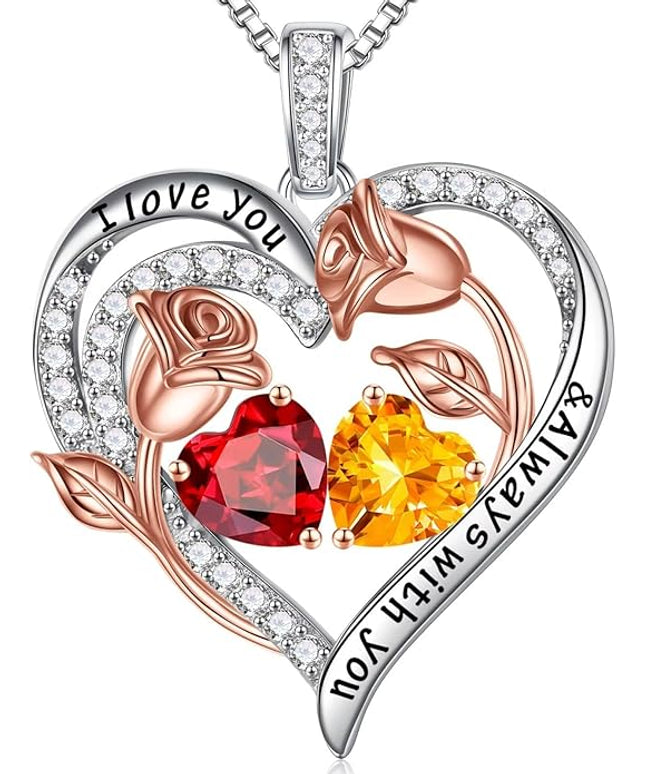 Iefil Christmas Gifts for Women Wife - 925 Sterling Silver Rose Heart Birthstone Necklace Birthday Anniversary Jewelry Gifts for Her Wife Mom Daughter