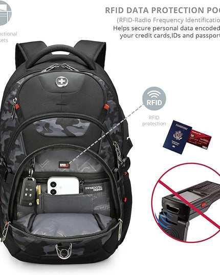 Swissdigital Design Laptop Backpack with USB Charging Port, Travel Backpack Fits 15.6 inches Computer, 31L College School Backpack for Men, Gray Camo | SD803-91