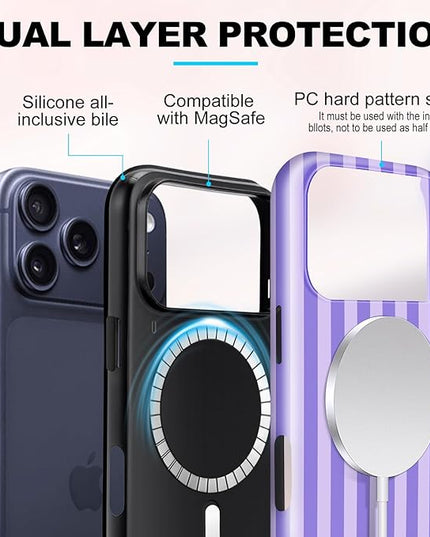 Magnetic for iPhone 17 Pro Case Cute Stripes Phone Case, Shockproof Slim TPU and Hard PC Protective Phone Cover Compatible with MagSafe Designed for Women Girls, Light Purple