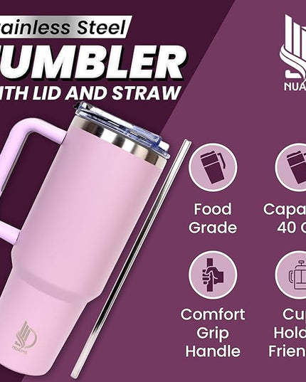 40oz Insulated Tumbler with Handle, Leakproof Straw Lid & Carry Handle - Double Wall Vacuum Insulation Keeps Ice 24 Hours, BPA Free Stainless Steel Water Bottle (Lilac)