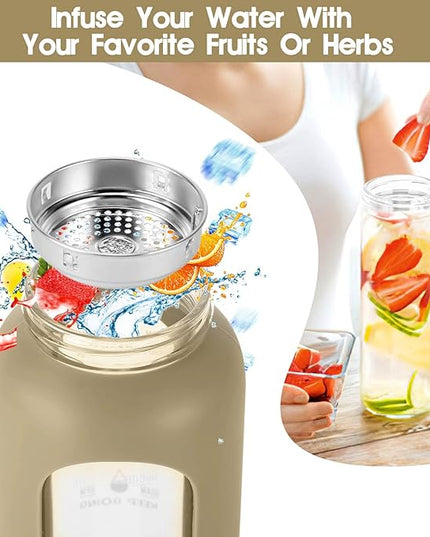 32 oz Glass Water Bottle with Straw - Motivational Time Marker & Silicone Sleeve - Reusable Tumbler Includes 2 Bamboo Lids & Fruit Infuser - 1 Pack