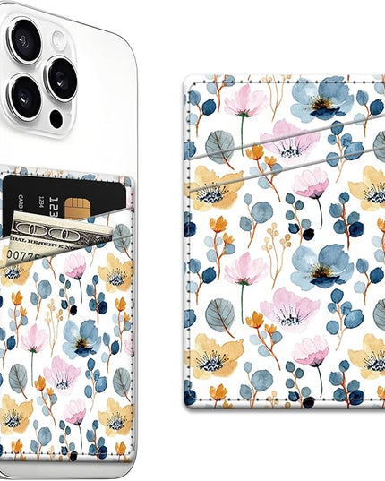Phone Card Holder, Dual Pocket Leather Wallet Adhesive Stick On, Cute Credit Card Holder for Smartphones Case Compatible with Most Phone（Stamens）