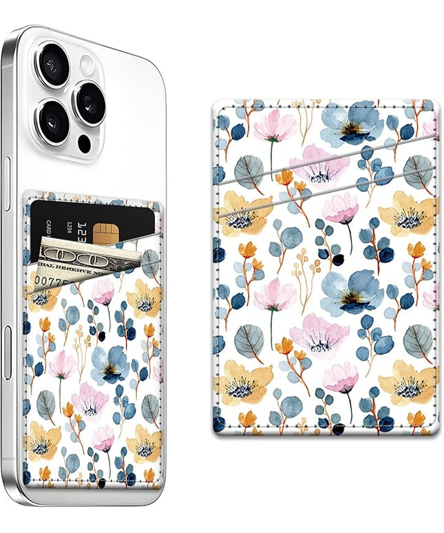 Phone Card Holder, Dual Pocket Leather Wallet Adhesive Stick On, Cute Credit Card Holder for Smartphones Case Compatible with Most Phone（Stamens）