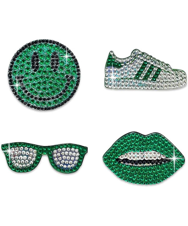 StickerBeans® Rhinestone Stickers - Green Spirit 4-Pack, 2” x 2” Each, Unique Sparkly Cut-to-Shape for Collecting, Trading, Decorating Laptops, Phone Cases, Scrapbooks for Kids, Teens, & Adults