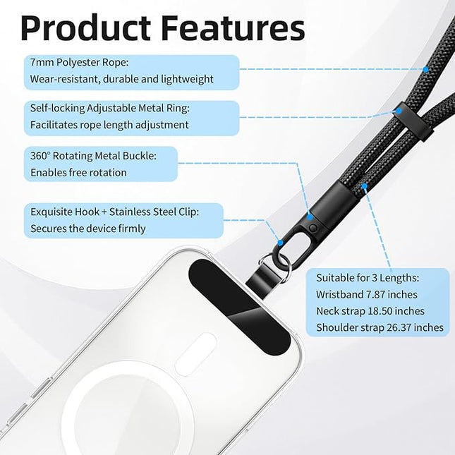 360° Rotatable Adjustable Phone Lanyard 3-Piece Set - Wrist/Neck/Crossbody Strap with Tether Tabs, Universal for Phones