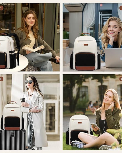 LOVEVOOK Laptop Backpack for Women with Pouch Pocket for Large Capacity Cup,18 Inch Laptop Computer Bag Travel Backpack Purse,Waterproof Work Business Backpack College Teacher Bags,Beige-Black-Brown
