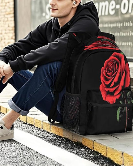 Large Backpack with 15.6 Inch Laptop Compartment, Red Rose Black Adult Backpack for Work, Travel & School College Boys Girls