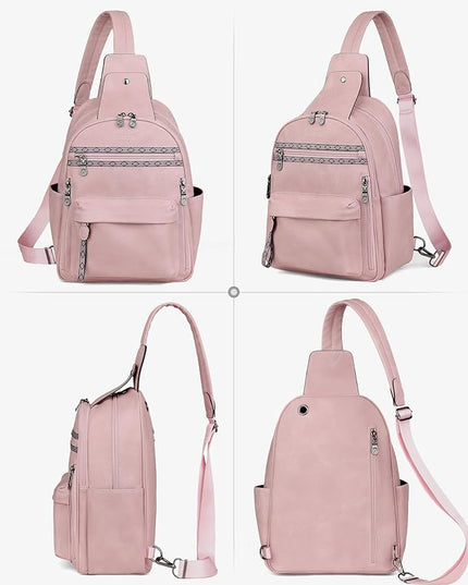 FADEON Large Sling Bag for Women, Leather Crossbody Purse Designer Anti Theft Sling Backpack, RFID Fanny Packs for Travel