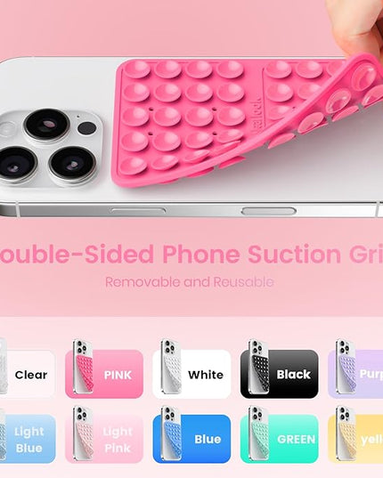 2PCS Silicone Suction Cup Phone Case Mount Double Sided, Hands-Free Phone Accessories Holder for Selfies and Videos, Silicon Sticky Phone Grip for iPhone and Android, Transparent&Hot Pink