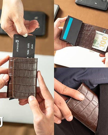 Jenoss Smart Wallet For Men: Full Grain Leather, Handcrafted, Slide Metal Pop Up Case, Slim RFID Blocking Credit Card Holder, Minimalist, Compact, 6-8 Cards Organizers, Front Pocket, Clip (Burgandy)