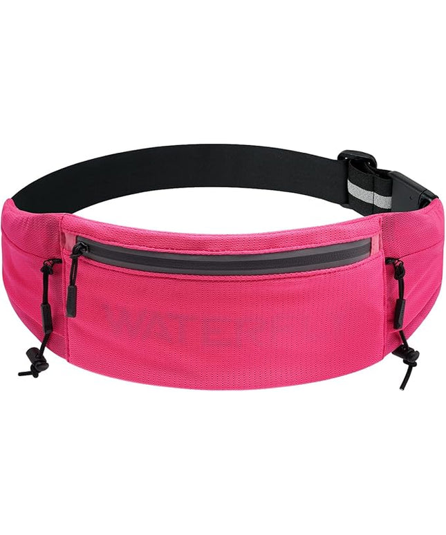 WATERFLY Running Belt Fanny Pack: Breathable 3 Pocket Waist Bag for Men Women Workout Exercise Fitness Phone Holder Fits All Phones - Runner Marathon Jogging Race Belt with Bib Clip Pink