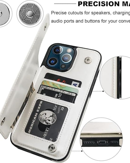 ONETOP Compatible with iPhone 13 Pro Max Wallet Case with Card Holder,PU Leather Kickstand Card Slots Case, Double Magnetic Clasp and Durable Shockproof Cover 6.7 Inch(White)