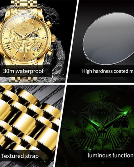 OLEVS Men's Luxury Watch Waterproof Luminous Easy Read Chronograph Watches Full Gold/White Dail/Black Face with Calendar Wristwatch