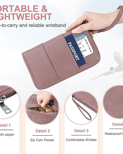Family Passport Holder Wallet with Zipper, RFID Blocking Travel Document Organizer, PU Leather Passport Wallet for Women Men, Passport Cover Travel Wallet for Boarding Pass, ID, Money, Tickets