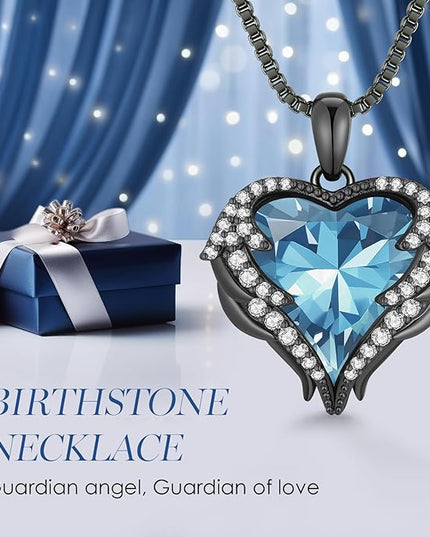 CDE Christmas Gifts for Women Angel Wings Necklace for Women with Birthstone, Love Heart Silver Tone/Gold Tone Pendant, Ideal Anniversary or Birthday Jewelry Gifts for Wife Girlfriend Her
