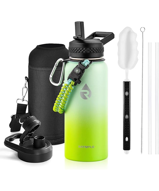 Insulated Water Bottle 32 oz, Triple Wall Vacuum Stainless Steel (Cold for 48 Hrs), Leak Proof & Non-BPA, Modern Water Flask Jug with Paracord Handle & Straw Spout Lids, Ombre Green
