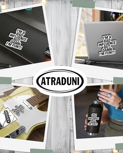 (3Pcs) I’m A Bad Influence But I’m Fun Sticker Funny Sarcastic Quote Vinyl Waterproof Decal for Laptop Water Bottle Phone Journal Humor Stickers for Women Adults Friends Coworkers Size 3" x 2,2"
