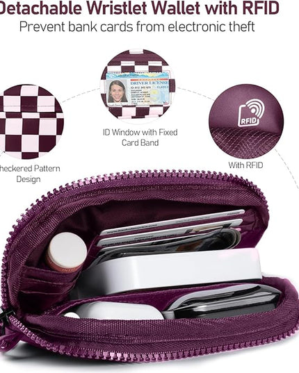 Clip and Go Strap for Phone with Wallet Crossbody Phone Lanyard and Detachable Checkered Bag with ID Window and RFID Pouch for Daily Travel.