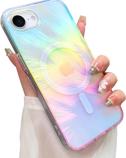 Glitter Case for iPhone 16e Case for Women Girls [ Compatible with Magsafe ] Clear Cute Aesthetic Girly Iridescent Feather Sparkly Bling Magnetic Phone Cover, Gradient Blue & Pink