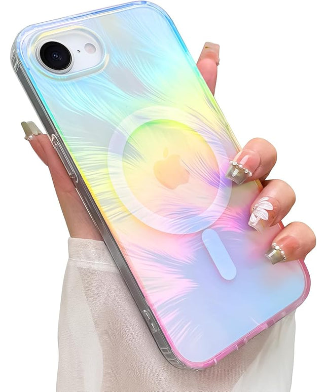 Glitter Case for iPhone 16e Case for Women Girls [ Compatible with Magsafe ] Clear Cute Aesthetic Girly Iridescent Feather Sparkly Bling Magnetic Phone Cover, Gradient Blue & Pink